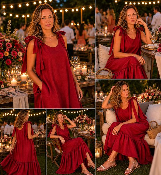 Linen ruffled dress Red 